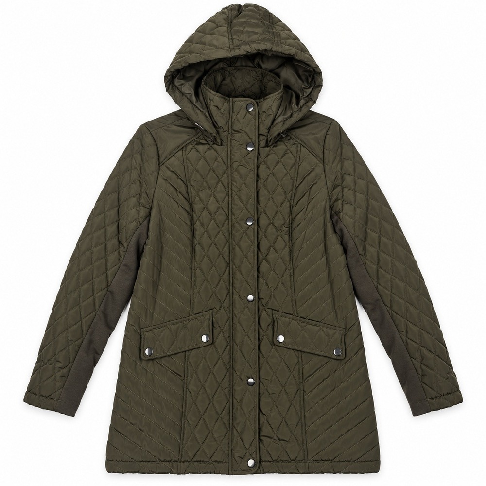 Rickis Quilted Hooded Jacket Womens Size M Olive Green Stretch Panels Pockets
